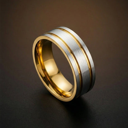 THE MEN THING Rings TWIN GROOVE - Pure Stainless Steel Men’s Gold - Steel-Plated Ring (Size : 17-22-27)