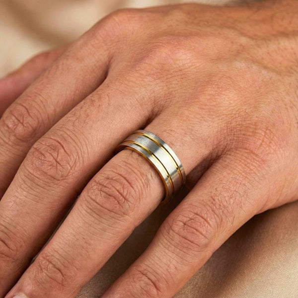 TWIN GROOVE - Pure Stainless Steel Men’s Gold - Steel-Plated Ring (Size : 17-22-27)