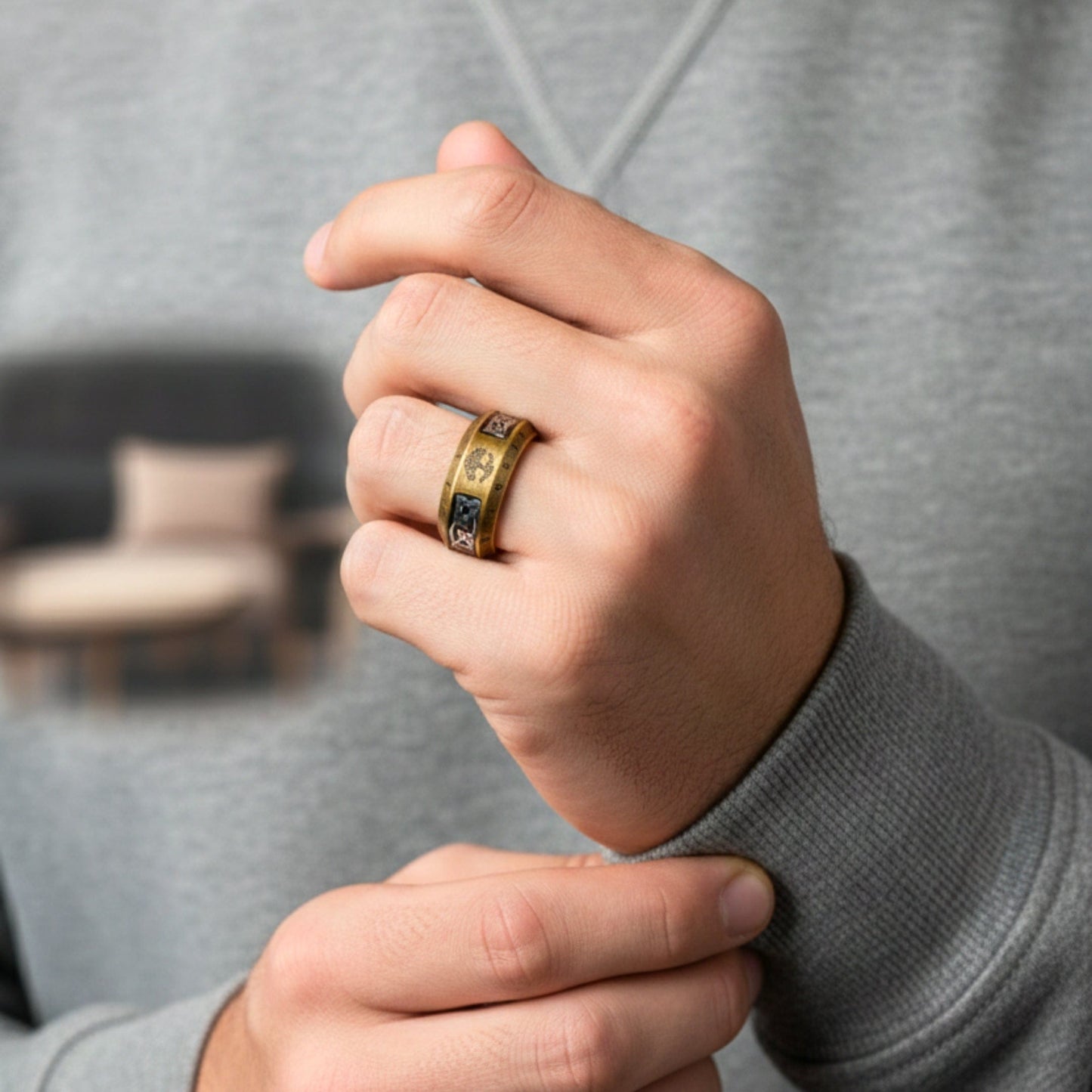 THE MEN THING Rings VALKNUT RUNE - Antique Golden Pure Stainless Steel Men’s Antique Golden - Plated Ring (Size : 17-26)