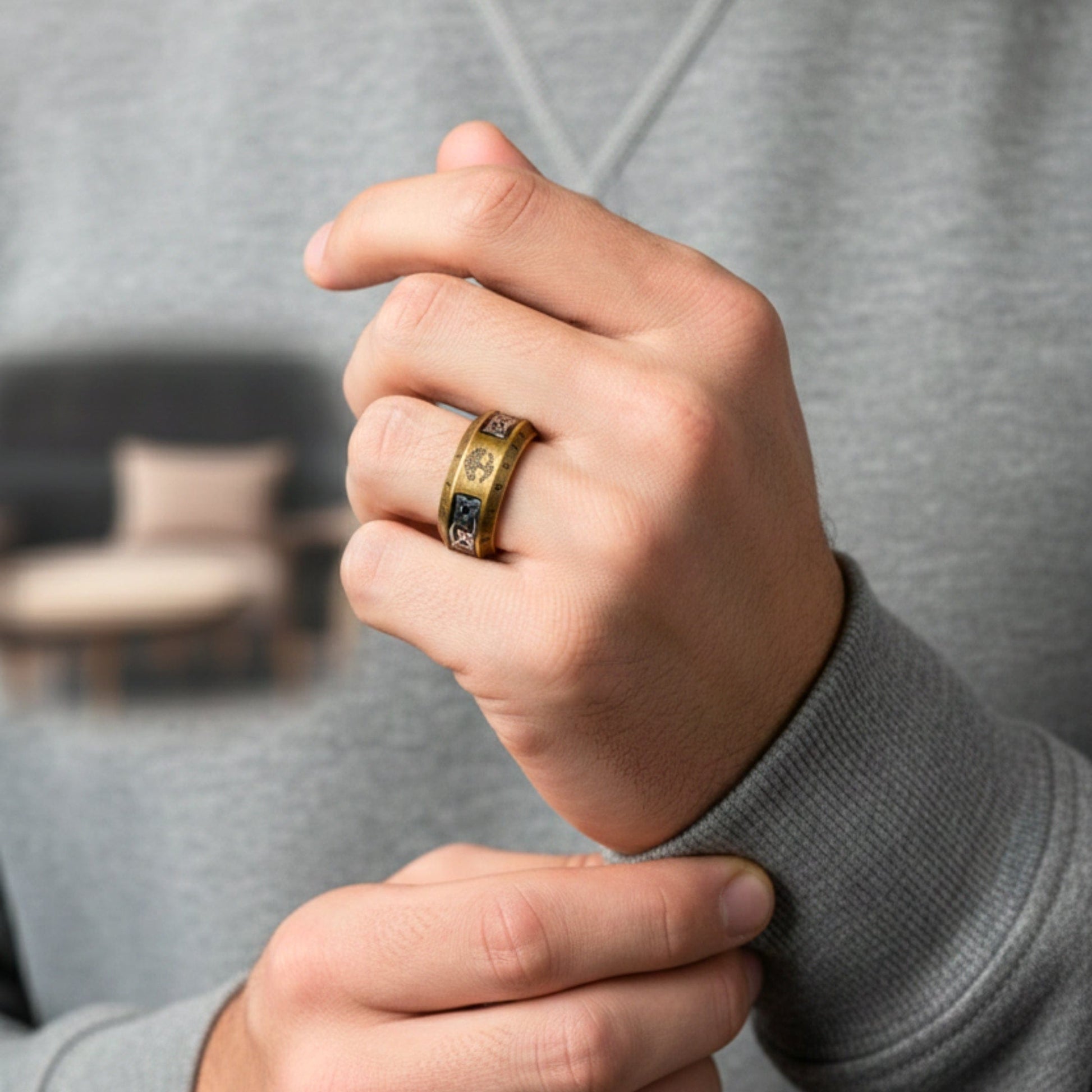 THE MEN THING Rings VALKNUT RUNE - Antique Golden Pure Stainless Steel Men’s Antique Golden - Plated Ring (Size : 17-26)