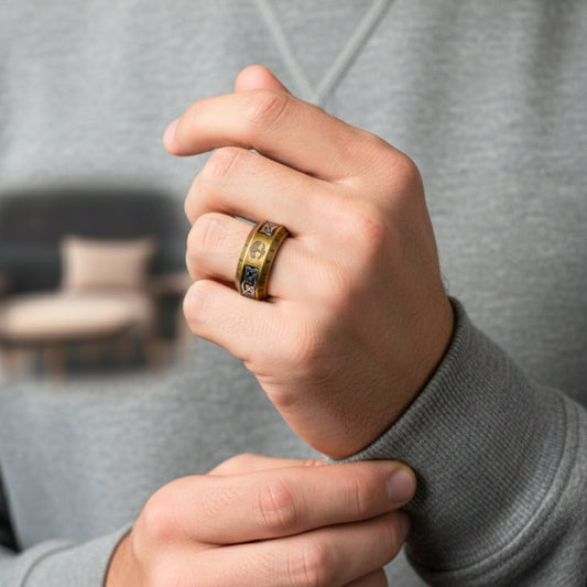 THE MEN THING Rings VALKNUT RUNE - Antique Golden Pure Stainless Steel Men’s Antique Golden - Plated Ring (Size : 17-26)