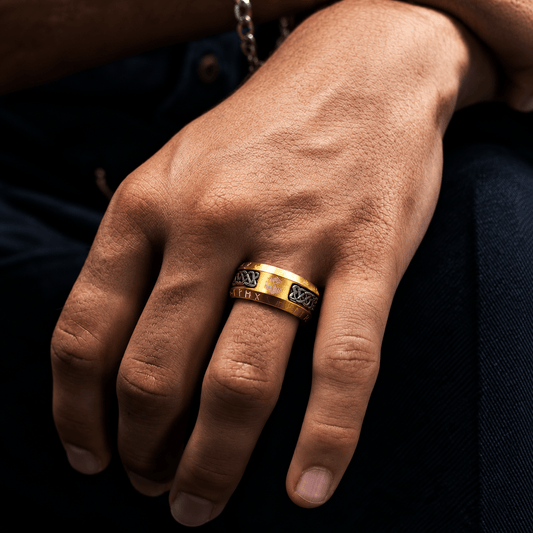 THE MEN THING Rings VALKNUT TREE RUNE - Golden - Pure Stainless Steel Men’s Ring for Men & Boys (Size : 17-22-27)