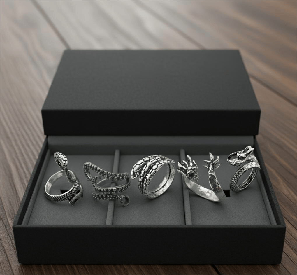 THE MEN THING Rings VIPER LEGACY High Stakes 5-Piece Collector's Set for Ring – COBRA STRIKE, VIPERSPIRAL, FIRY DRAGON, DRAGON SPIRAL, & OCTOPOD Adjustable Ring for Mens and Boys