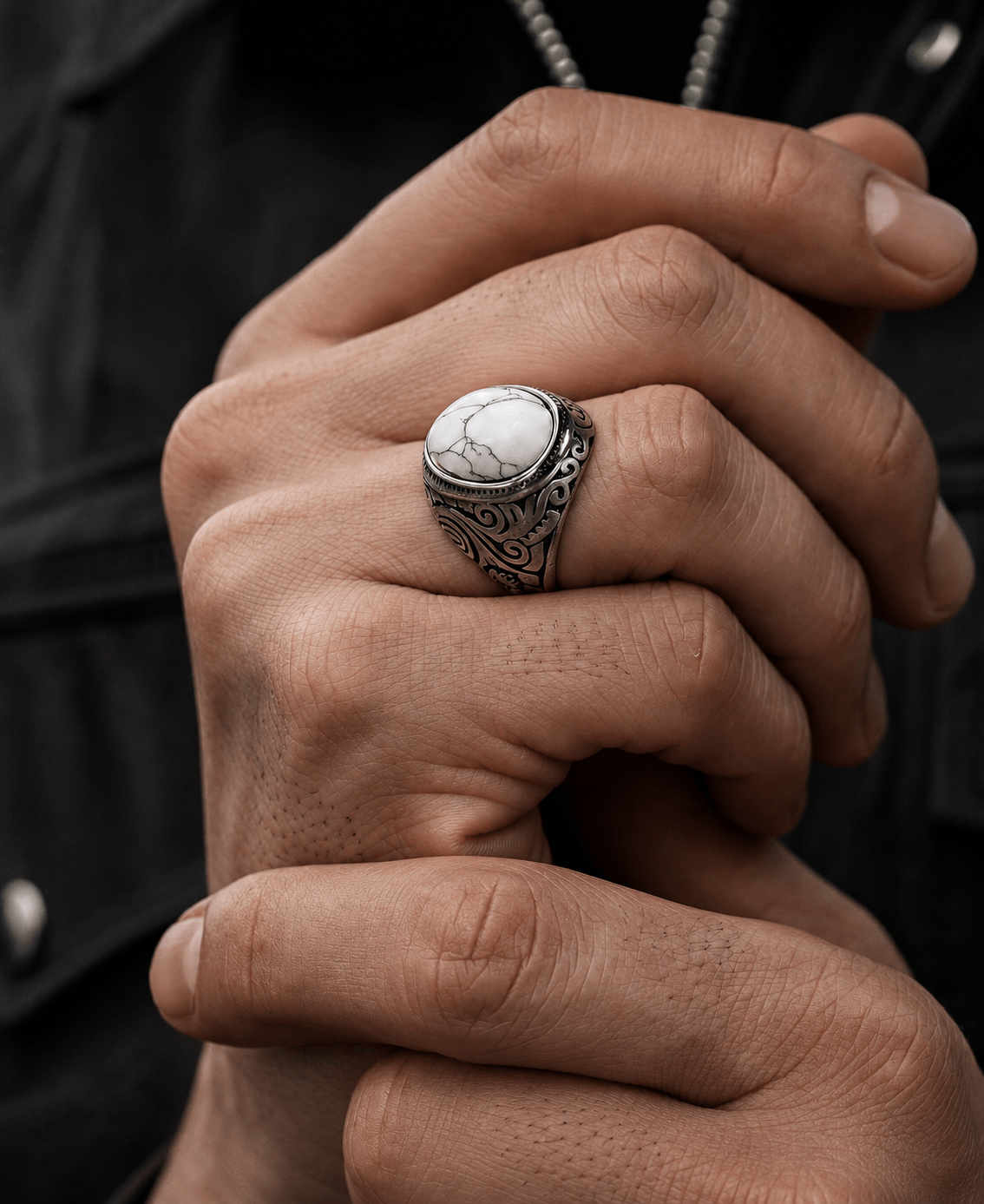 THE MEN THING Rings WHITE WHISPER - Titanium Steel Vintage Ring with White Stone (Size, 17-21- 24)
