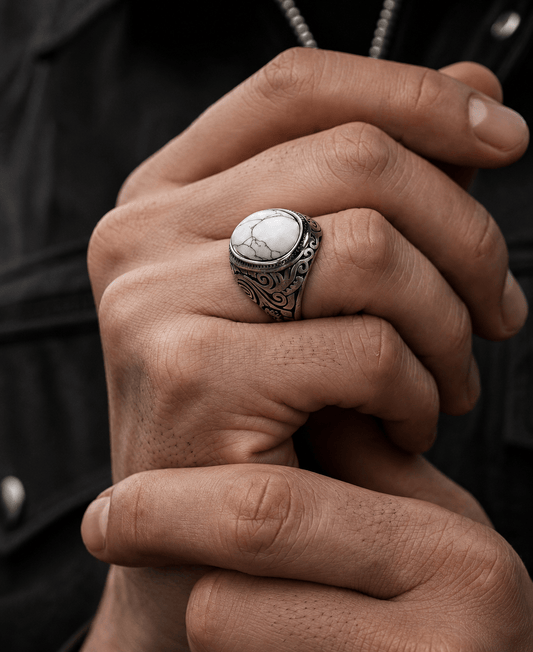 THE MEN THING Rings WHITE WHISPER - Titanium Steel Vintage Ring with White Stone (Size, 17-21- 24)