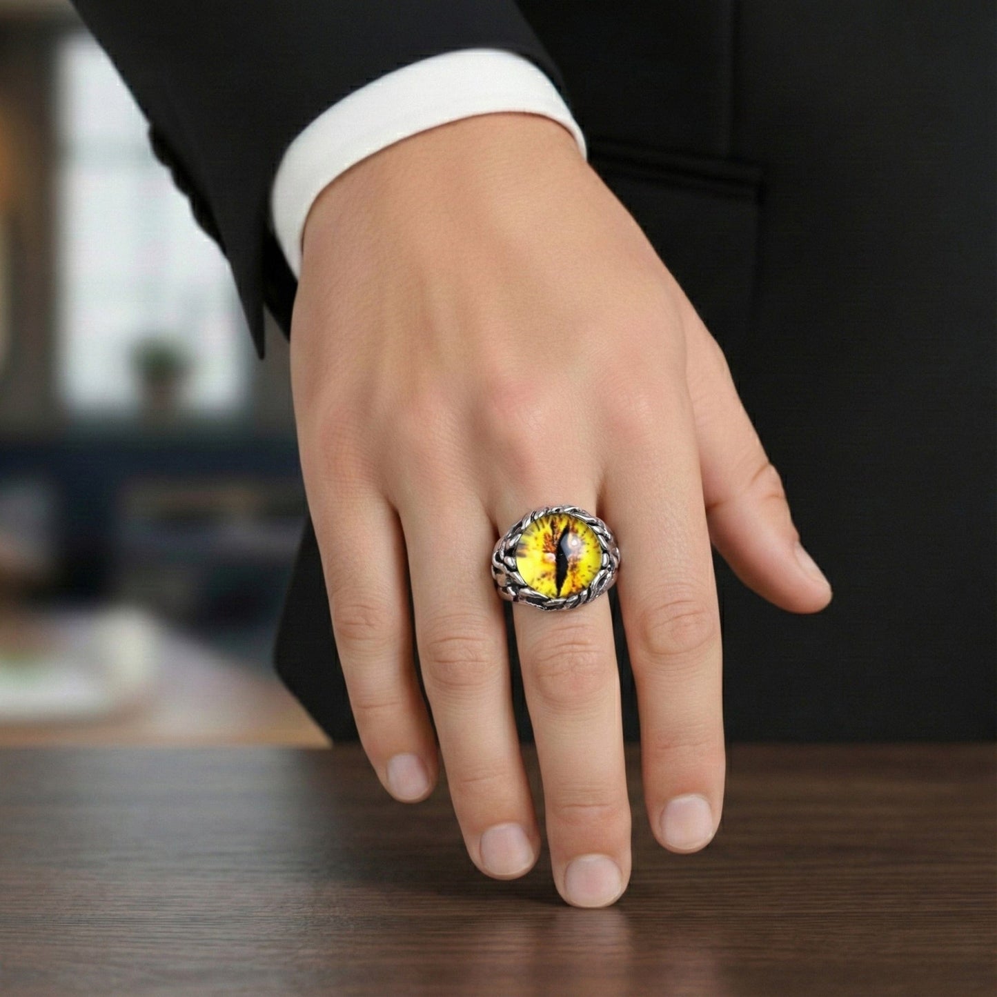 THE MEN THING Rings YELLOW DRAGON EYE Titanium Steel Ring for Men and Boys (Size-21)