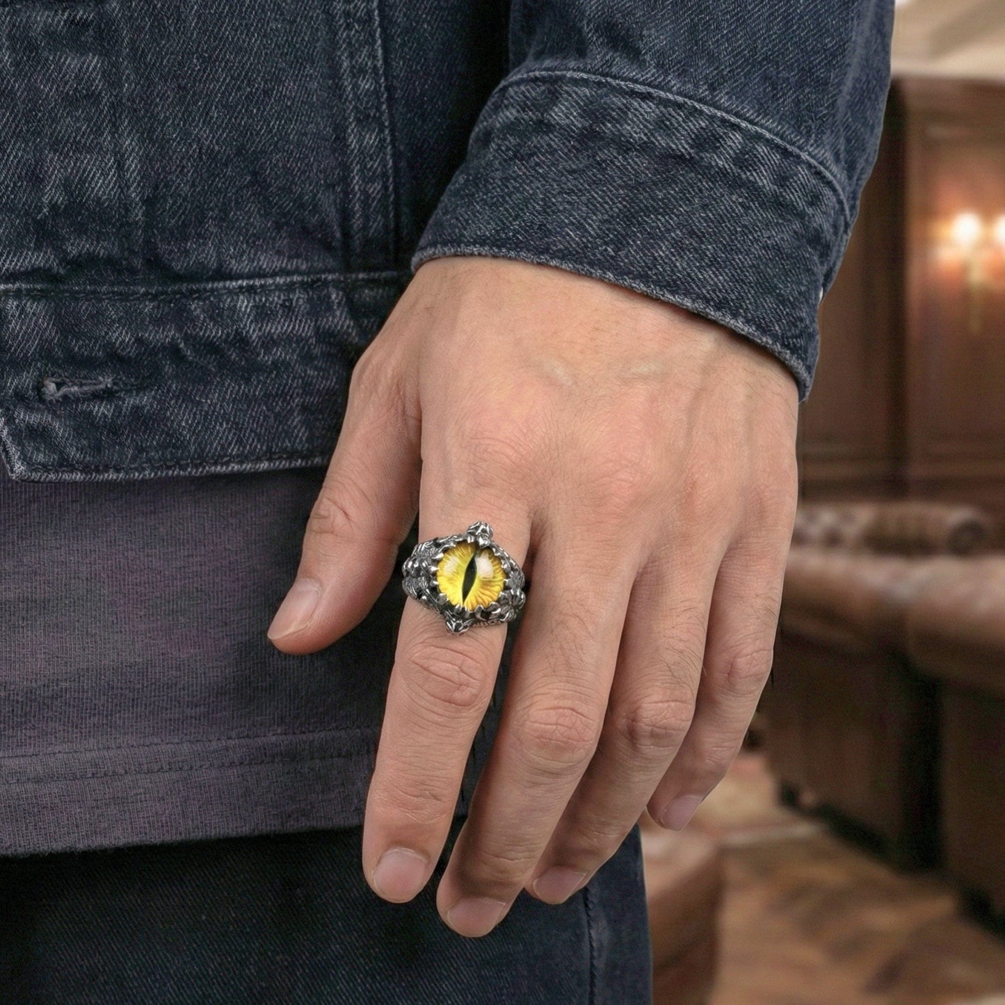 THE MEN THING Rings YELLOW DRAGON EYE Titanium Steel Ring for Men and Boys (Size-21)