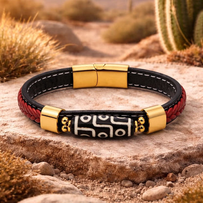 THE MEN THING ROYAL DZI - 12mm Genuine Leather Multi-Layer Bracelet with Stainless Steel Magnetic Buckle for Men & Boys (8 inch)