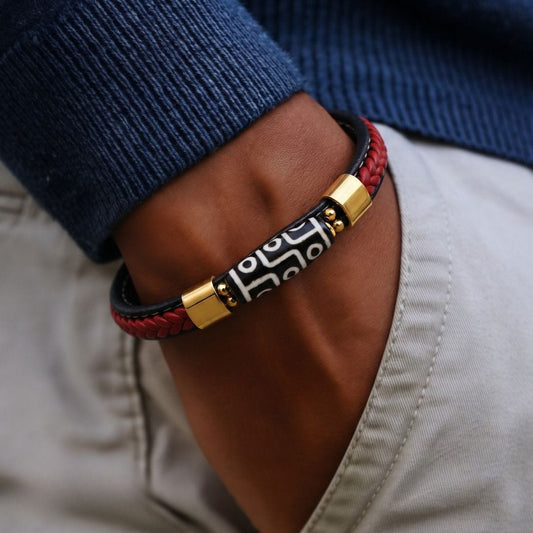 THE MEN THING ROYAL DZI - 12mm Genuine Leather Multi-Layer Bracelet with Stainless Steel Magnetic Buckle for Men & Boys (8 inch)