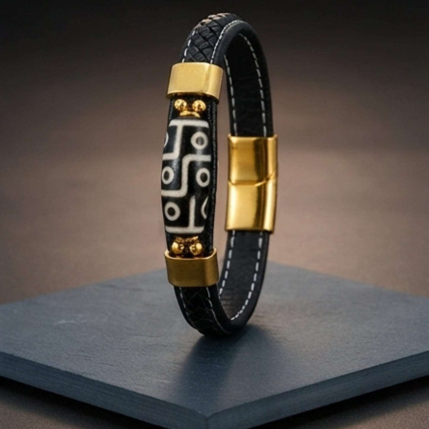 THE MEN THING ROYAL DZI - BLACK - 12mm Genuine Leather Multi-Layer Bracelet with Stainless Steel Magnetic Buckle for Men & Boys (8 inch)