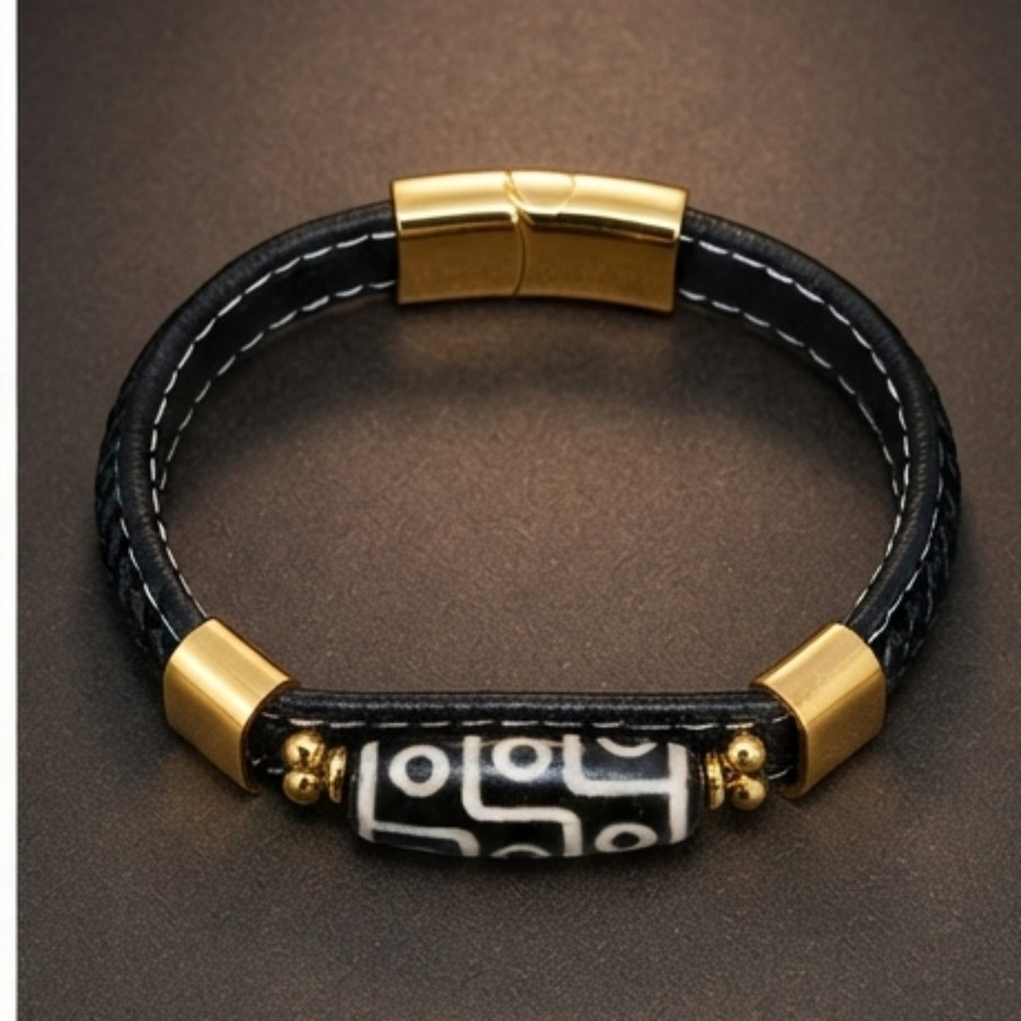 THE MEN THING ROYAL DZI - BLACK - 12mm Genuine Leather Multi-Layer Bracelet with Stainless Steel Magnetic Buckle for Men & Boys (8 inch)