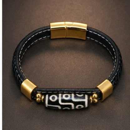 THE MEN THING ROYAL DZI - BLACK - 12mm Genuine Leather Multi-Layer Bracelet with Stainless Steel Magnetic Buckle for Men & Boys (8 inch)