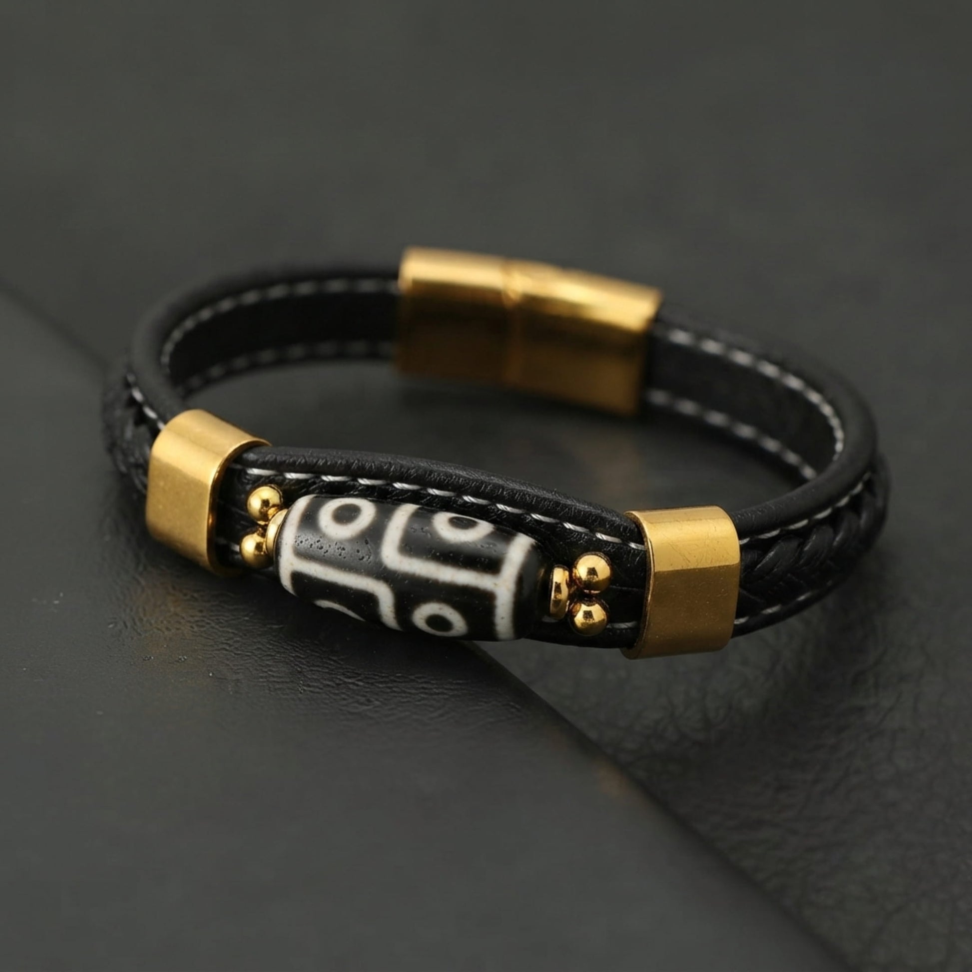 THE MEN THING ROYAL DZI - BLACK - 12mm Genuine Leather Multi-Layer Bracelet with Stainless Steel Magnetic Buckle for Men & Boys (8 inch)