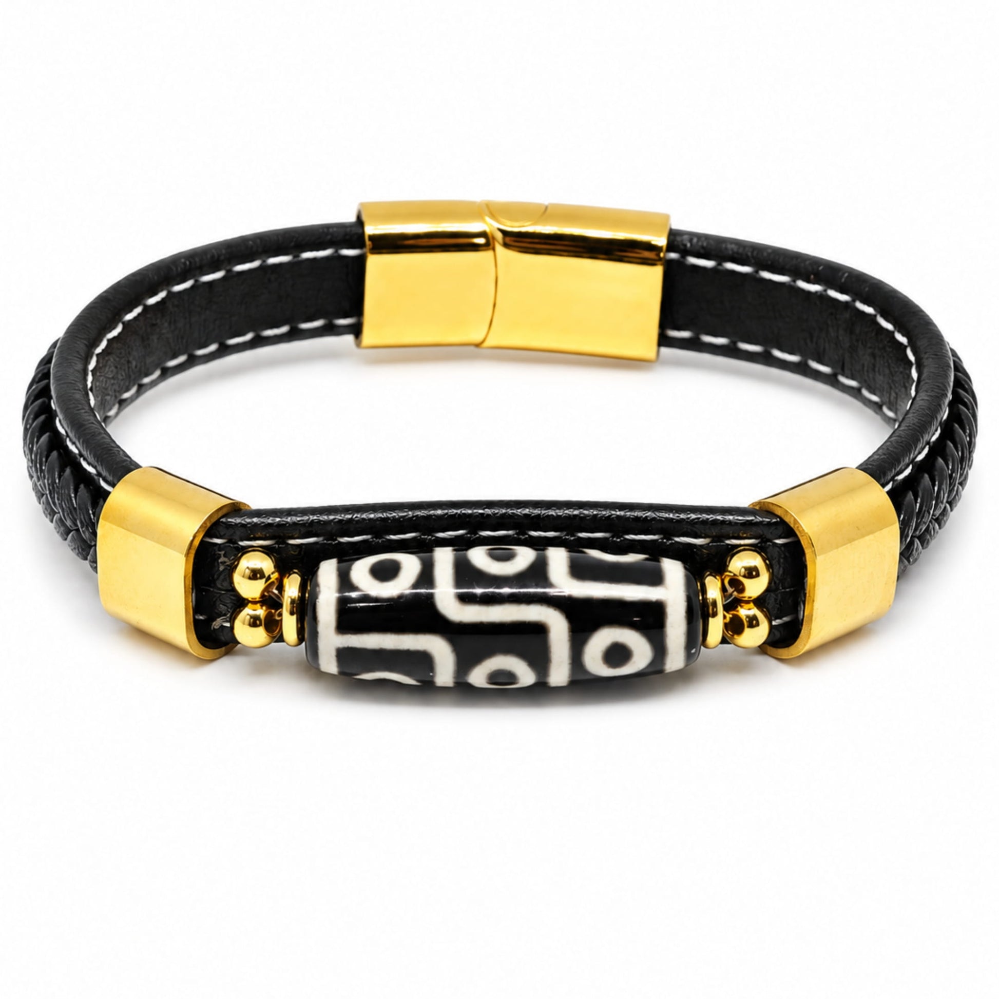 THE MEN THING ROYAL DZI - BLACK - 12mm Genuine Leather Multi-Layer Bracelet with Stainless Steel Magnetic Buckle for Men & Boys (8 inch)