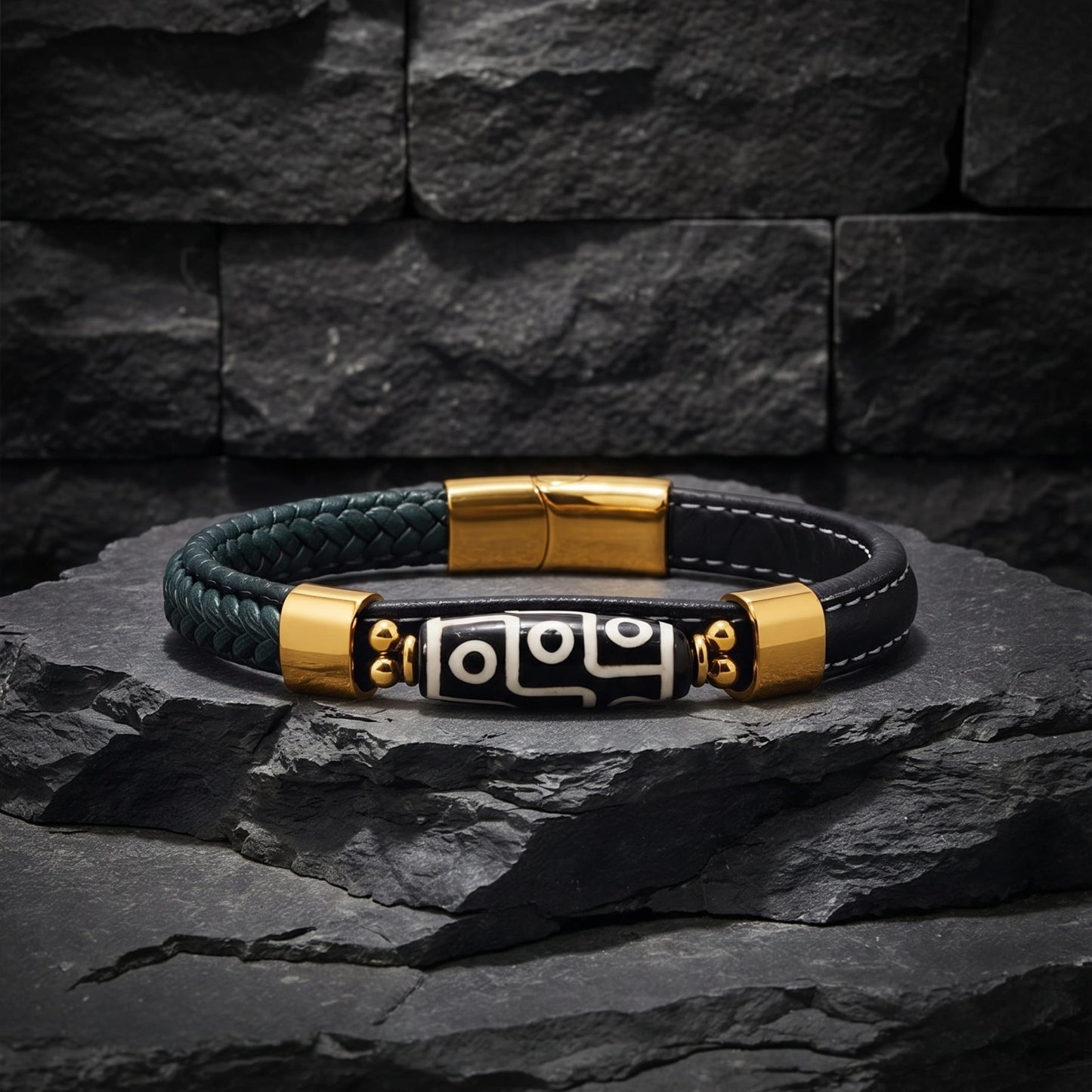 THE MEN THING ROYAL DZI - GREEN - 12mm Genuine Leather Multi-Layer Bracelet with Stainless Steel Magnetic Buckle for Men & Boys (8 inch)