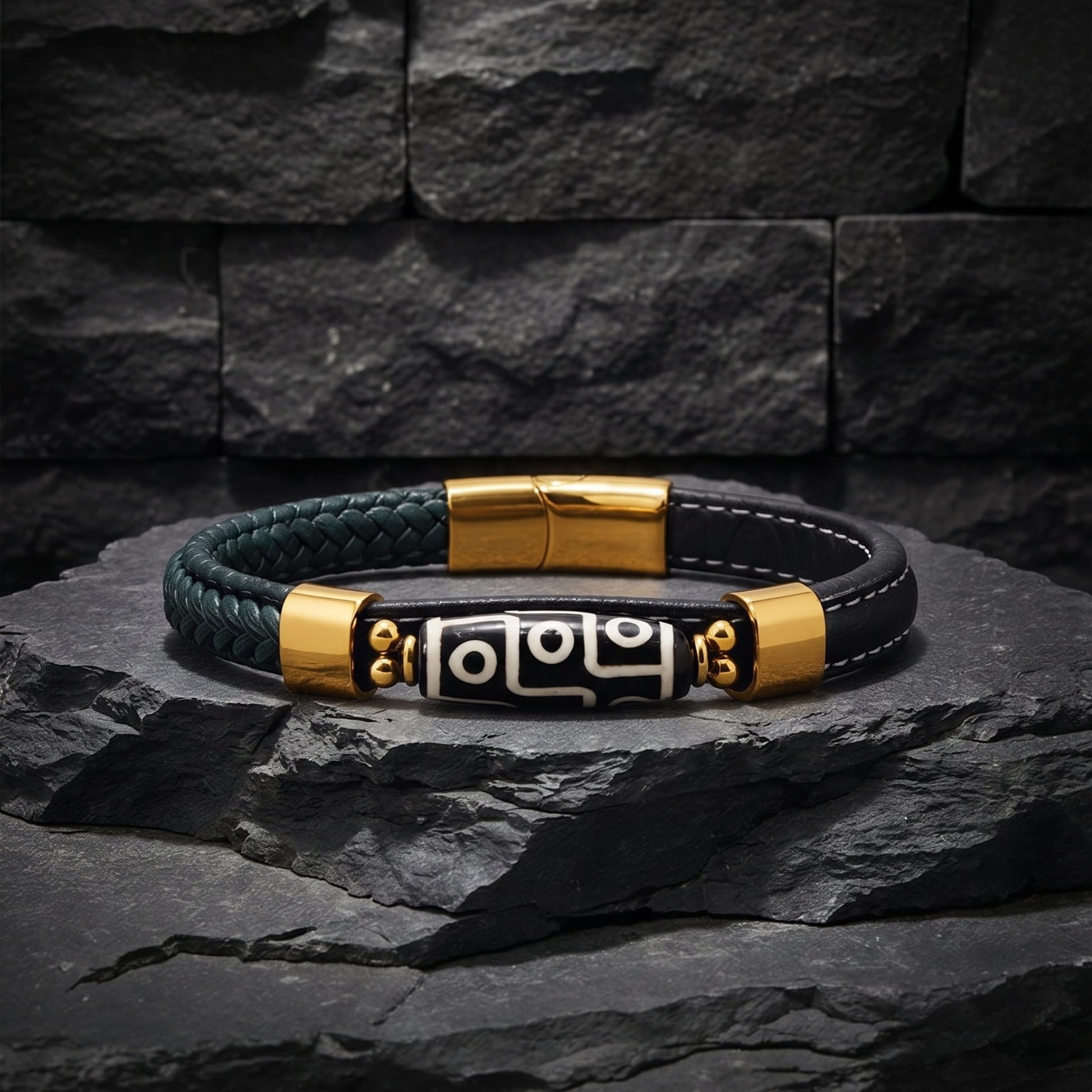 THE MEN THING ROYAL DZI - GREEN - 12mm Genuine Leather Multi-Layer Bracelet with Stainless Steel Magnetic Buckle for Men & Boys (8 inch)