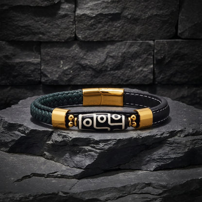 THE MEN THING ROYAL DZI - GREEN - 12mm Genuine Leather Multi-Layer Bracelet with Stainless Steel Magnetic Buckle for Men & Boys (8 inch)