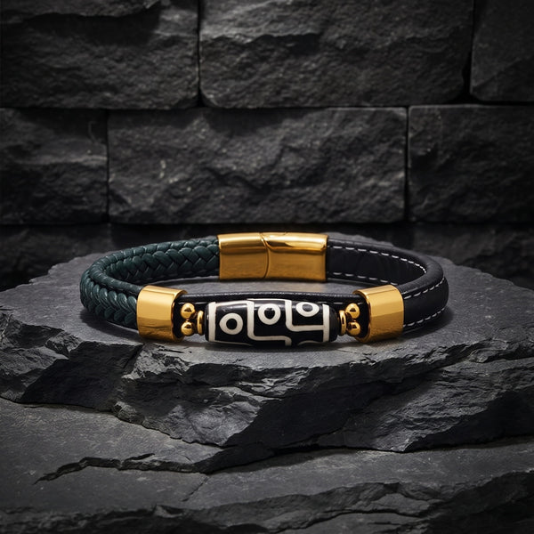 ROYAL DZI - GREEN - 12mm Genuine Leather Multi-Layer Bracelet with Stainless Steel Magnetic Buckle for Men & Boys (8 inch)