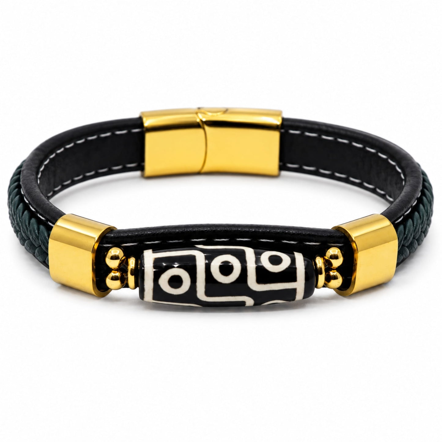 THE MEN THING ROYAL DZI - GREEN - 12mm Genuine Leather Multi-Layer Bracelet with Stainless Steel Magnetic Buckle for Men & Boys (8 inch)