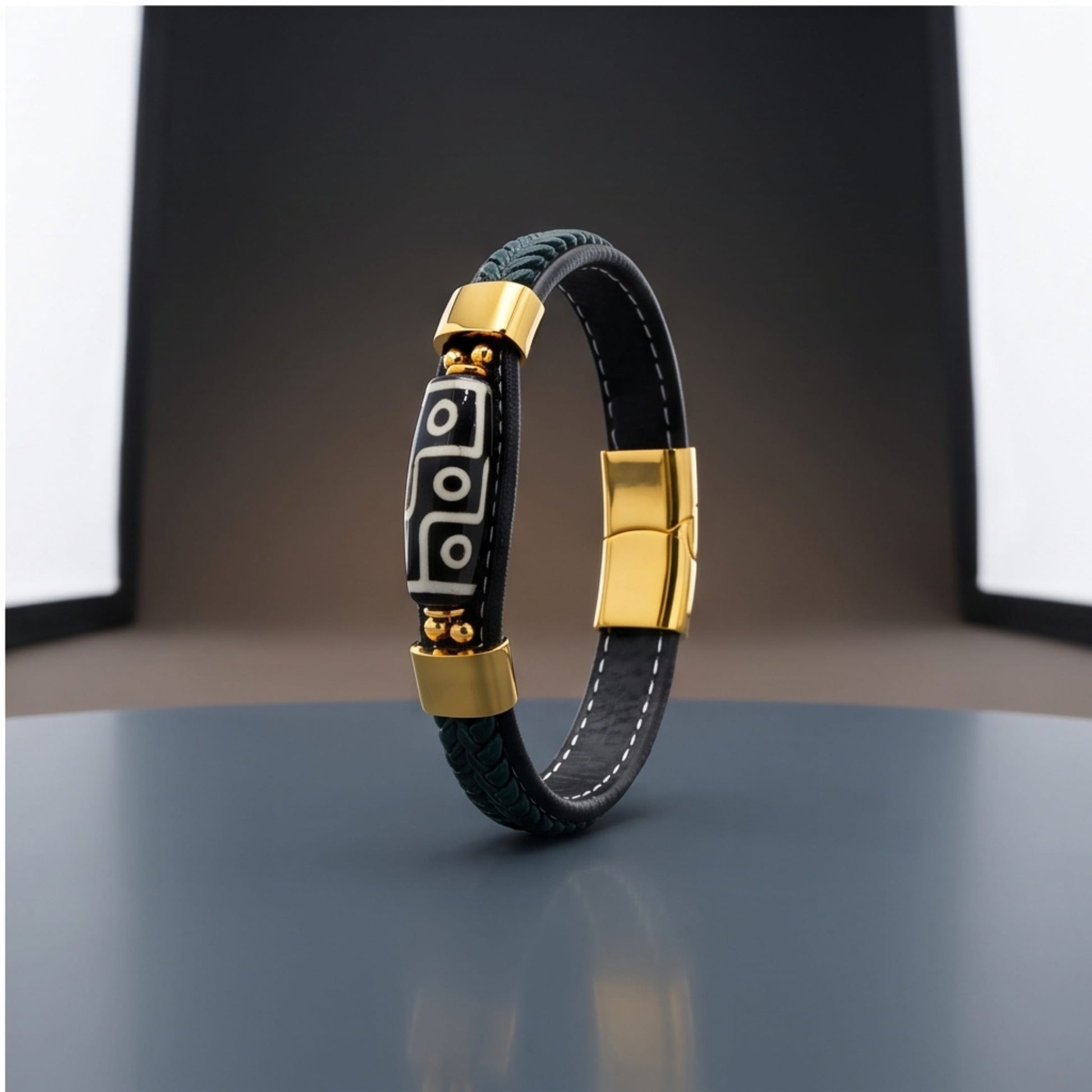 THE MEN THING ROYAL DZI - GREEN - 12mm Genuine Leather Multi-Layer Bracelet with Stainless Steel Magnetic Buckle for Men & Boys (8 inch)