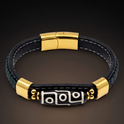 THE MEN THING ROYAL DZI - GREEN - 12mm Genuine Leather Multi-Layer Bracelet with Stainless Steel Magnetic Buckle for Men & Boys (8 inch)