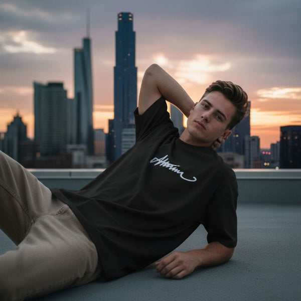 SIGNATURE WAVE Oversized T-Shirt – Black