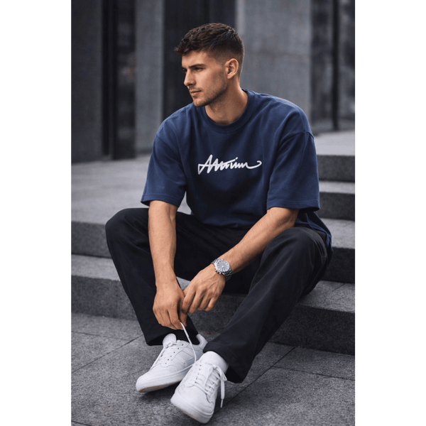 SIGNATURE WAVE Oversized T-Shirt – Navy Blue