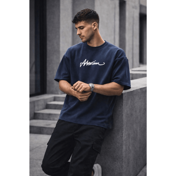 SIGNATURE WAVE Oversized T-Shirt – Navy Blue
