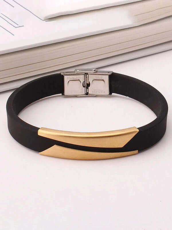 मिडनाइट शेड गोल्ड - पुरुषों और लड़कों के लिए स्टेनलेस स्टील बकल लॉक के साथ असली सिलिकॉन स्ट्रैप ब्रेसलेट (8 इंच)