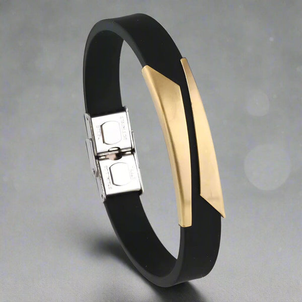 मिडनाइट शेड गोल्ड - पुरुषों और लड़कों के लिए स्टेनलेस स्टील बकल लॉक के साथ असली सिलिकॉन स्ट्रैप ब्रेसलेट (8 इंच)