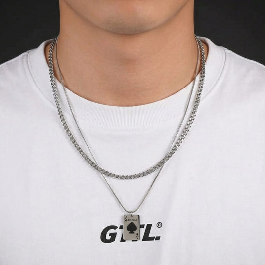THE MEN THING SS Pendant/ Necklace ACE STACK - 20mm Titanium Steel Pendant with 19 to 21inch Adjustable Cable Chain for Men & Boys