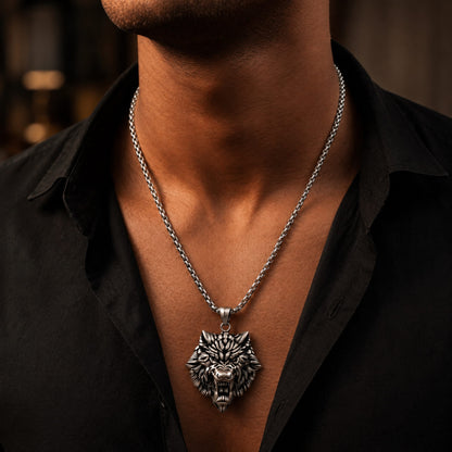 THE MEN THING SS Pendant/ Necklace ANGRY  WOLF - Pure Titanium Steel Wolf Pendant with 24inch Round Box Chain for Men & Boys