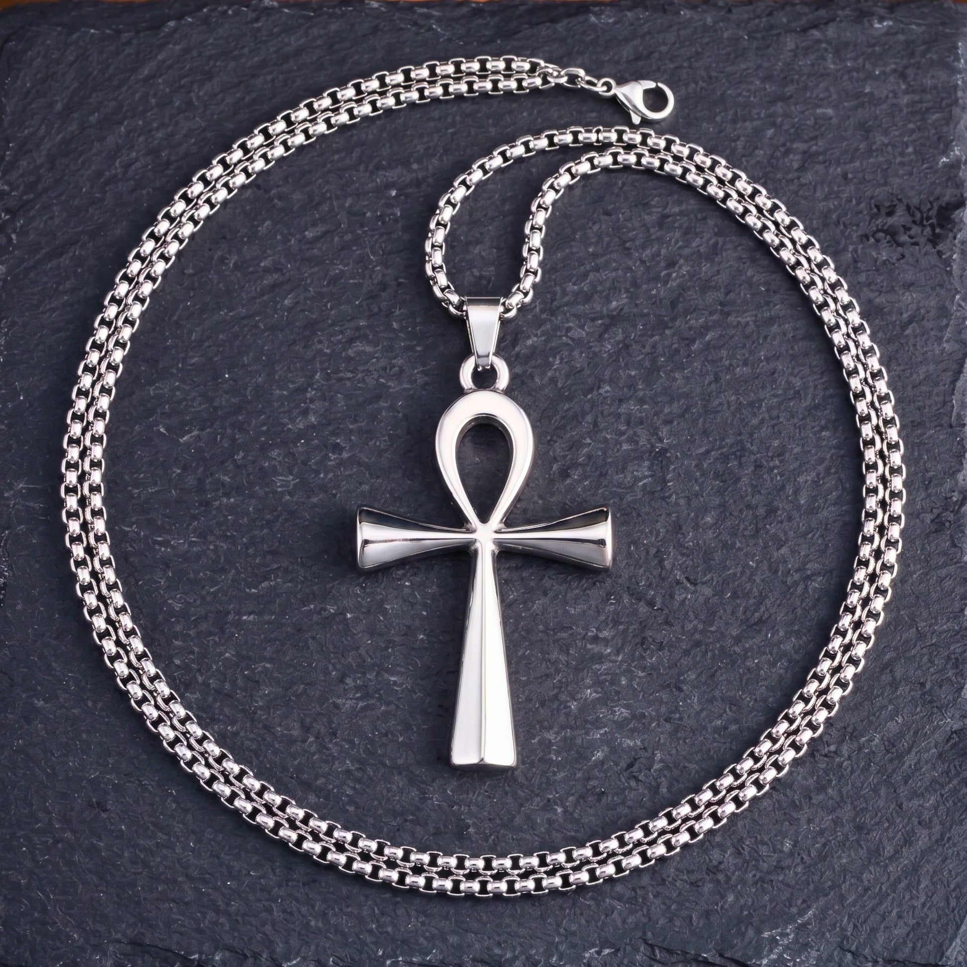 THE MEN THING SS Pendant/ Necklace ANKH - 28mm Titanium Steel Pendant with 27inch Round Box 4mm Chain for Men & Boys