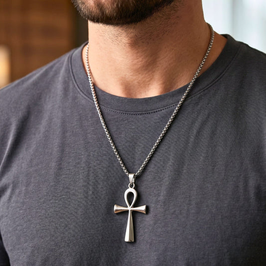THE MEN THING SS Pendant/ Necklace ANKH - 28mm Titanium Steel Pendant with 27inch Round Box 4mm Chain for Men & Boys