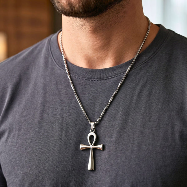 ANKH - 28mm Titanium Steel Pendant with 27inch Round Box 4mm Chain for Men & Boys