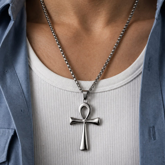 THE MEN THING SS Pendant/ Necklace ANKH - 28mm Titanium Steel Pendant with 27inch Round Box 4mm Chain for Men & Boys