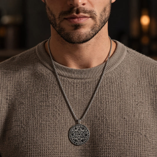 THE MEN THING SS Pendant/ Necklace ARCANE HEX SIGIL - 42mm Pure Titanium Steel  Pendant with 27inch Round Box 4mm Chain for Men & Boys
