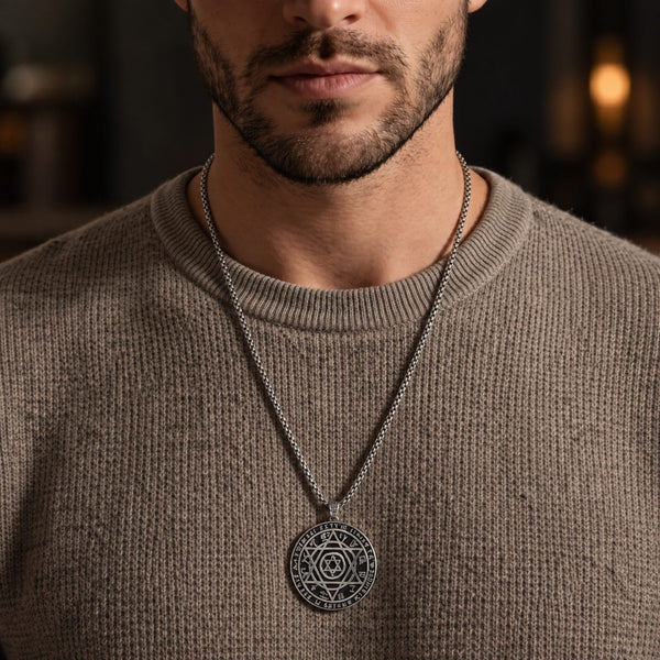 ARCANE HEX SIGIL - 42mm Pure Titanium Steel  Pendant with 27inch Round Box 4mm Chain for Men & Boys