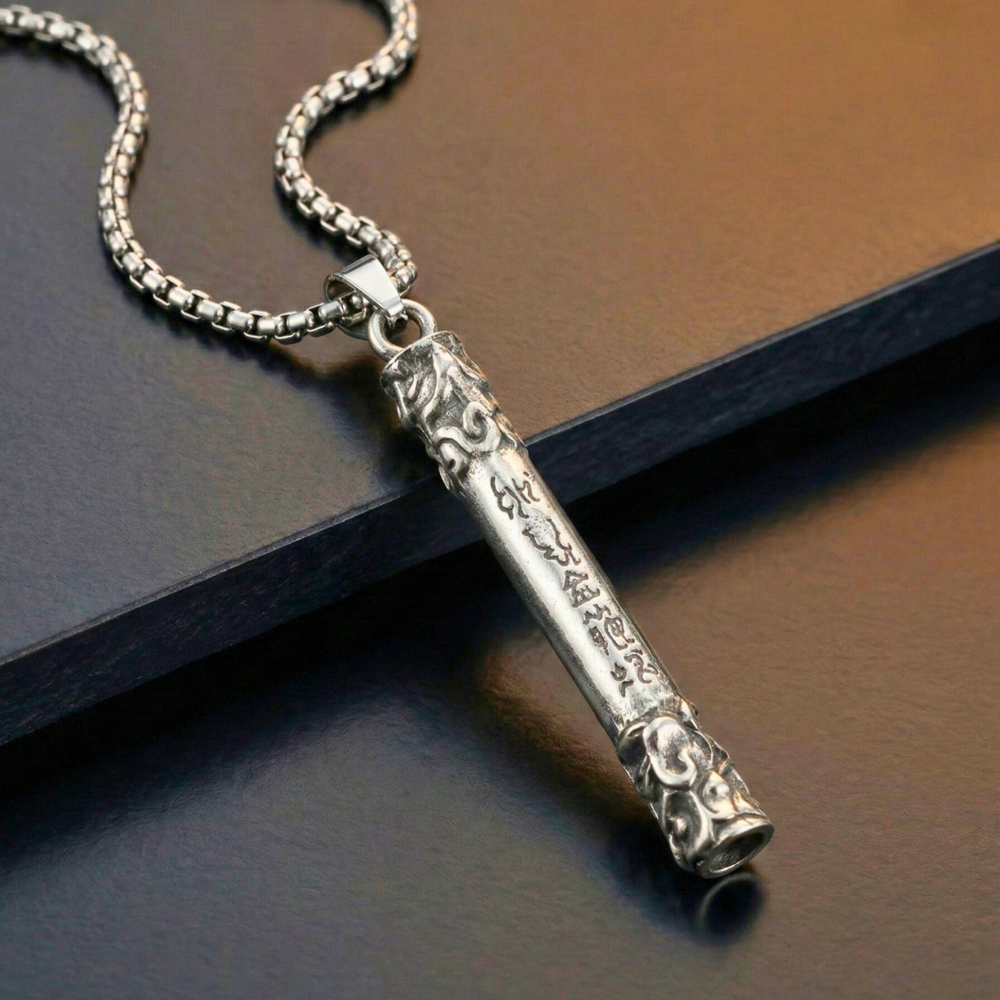 THE MEN THING SS Pendant/ Necklace ARCANE SCRIPT BAR - 10mm Pure Titanium Steel Pendant with 27inch Round Box 4mm Chain for Men & Boys