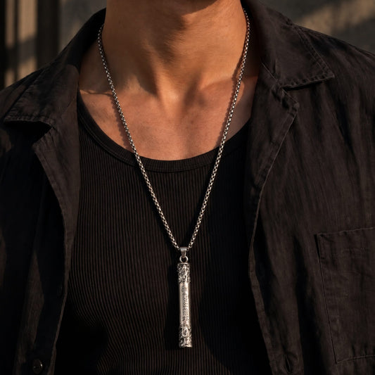 THE MEN THING SS Pendant/ Necklace ARCANE SCRIPT BAR - 10mm Pure Titanium Steel Pendant with 27inch Round Box 4mm Chain for Men & Boys