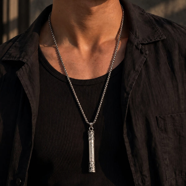 ARCANE SCRIPT BAR - 10mm Pure Titanium Steel Pendant with 27inch Round Box 4mm Chain for Men & Boys