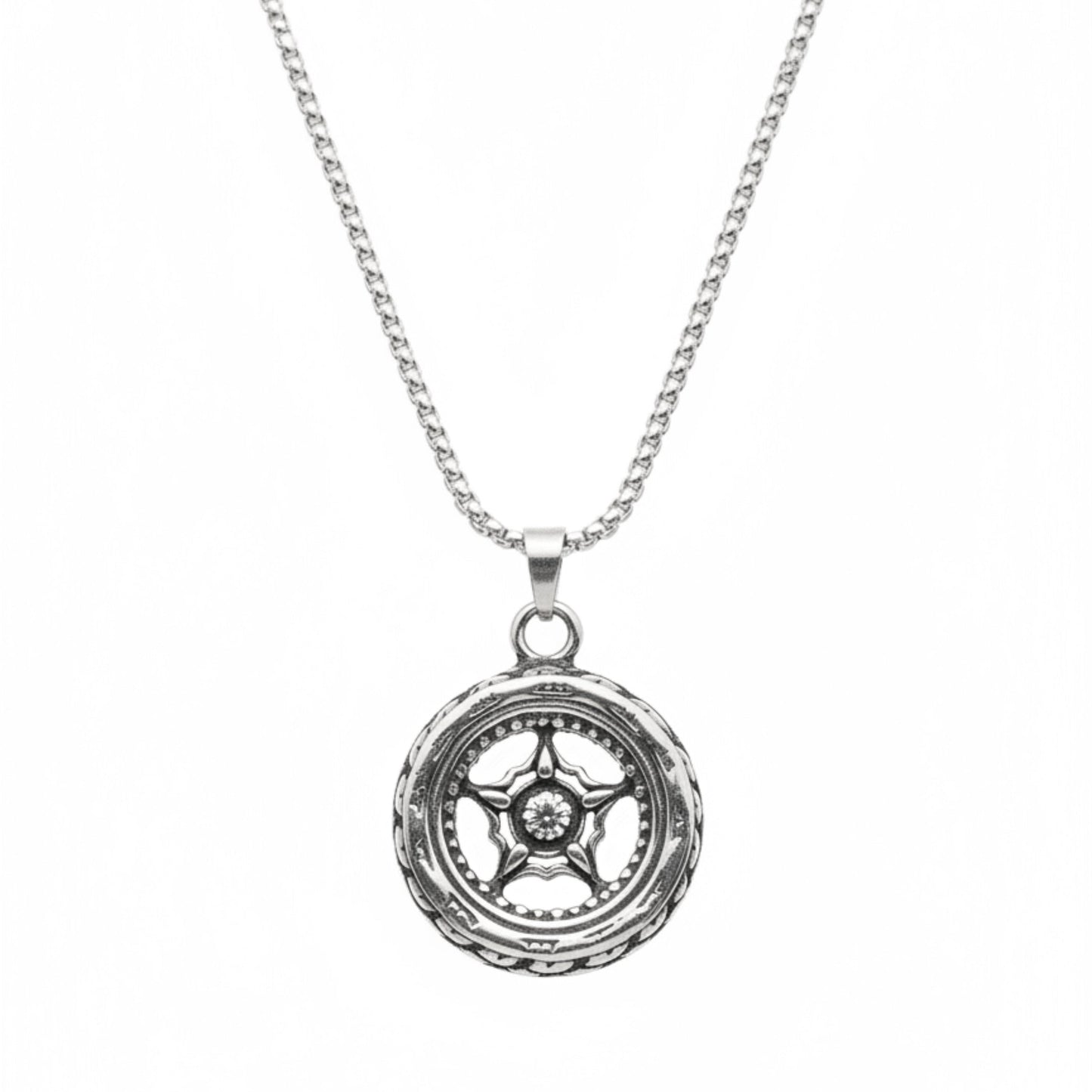 THE MEN THING SS Pendant/ Necklace ASTRAL WHEEL - 31mm Titanium Steel Pendant with 24inch Round Box 4mm Chain for Men & Boys