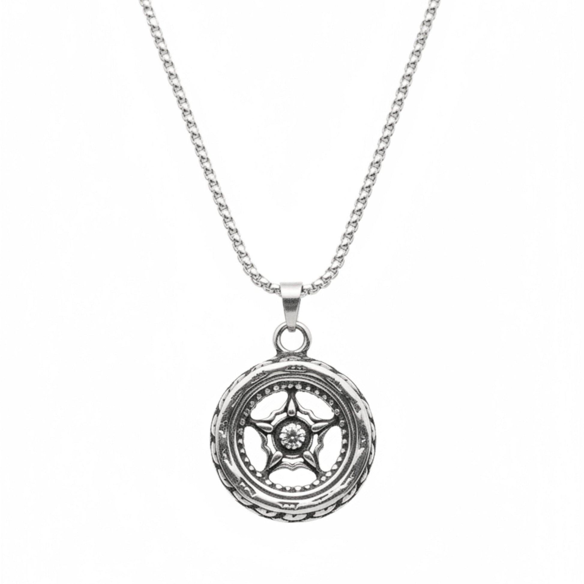THE MEN THING SS Pendant/ Necklace ASTRAL WHEEL - 31mm Titanium Steel Pendant with 24inch Round Box 4mm Chain for Men & Boys