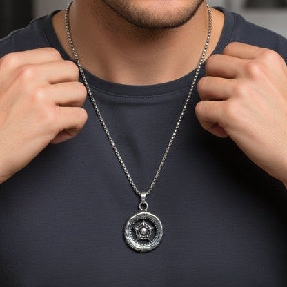 THE MEN THING SS Pendant/ Necklace ASTRAL WHEEL - 31mm Titanium Steel Pendant with 24inch Round Box 4mm Chain for Men & Boys