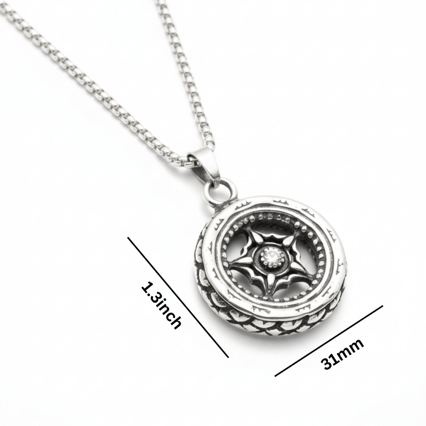 THE MEN THING SS Pendant/ Necklace ASTRAL WHEEL - 31mm Titanium Steel Pendant with 24inch Round Box 4mm Chain for Men & Boys