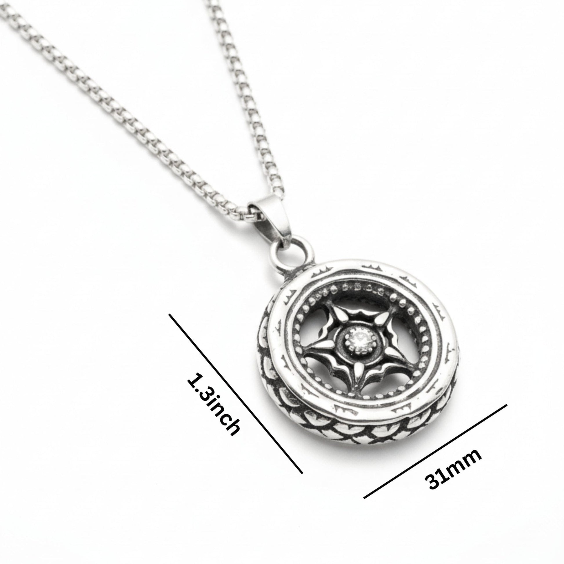 THE MEN THING SS Pendant/ Necklace ASTRAL WHEEL - 31mm Titanium Steel Pendant with 24inch Round Box 4mm Chain for Men & Boys