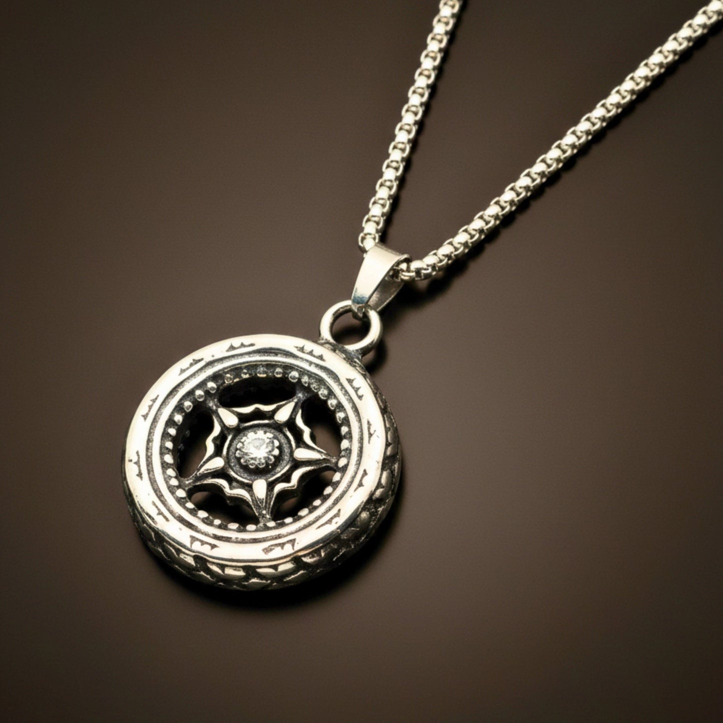 THE MEN THING SS Pendant/ Necklace ASTRAL WHEEL - 31mm Titanium Steel Pendant with 24inch Round Box 4mm Chain for Men & Boys