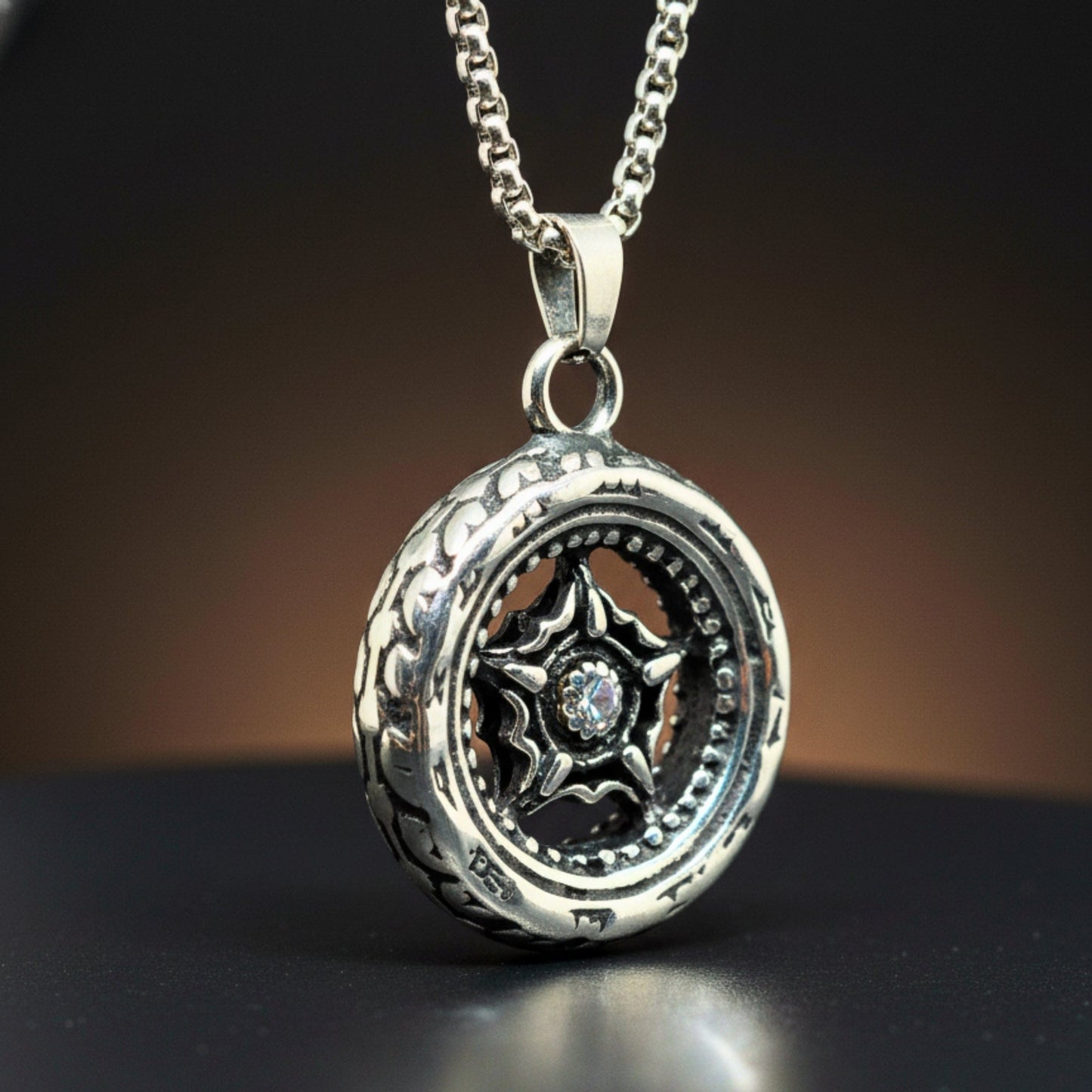 THE MEN THING SS Pendant/ Necklace ASTRAL WHEEL - 31mm Titanium Steel Pendant with 24inch Round Box 4mm Chain for Men & Boys