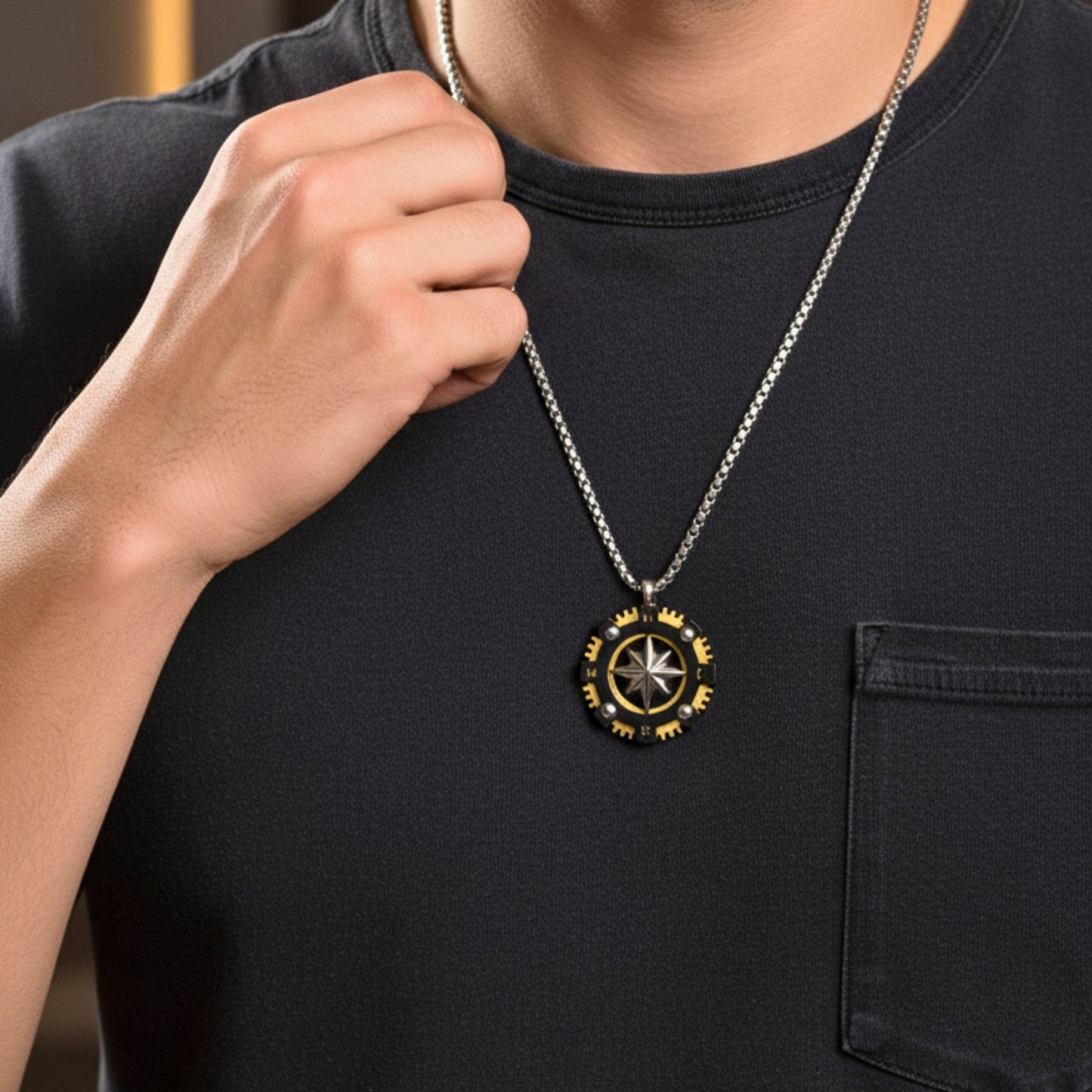 THE MEN THING SS Pendant/ Necklace ASTRANORTH - 22mm Titanium Steel Pendant with 22inch Round Box 4 mm Chain for Men & Boys