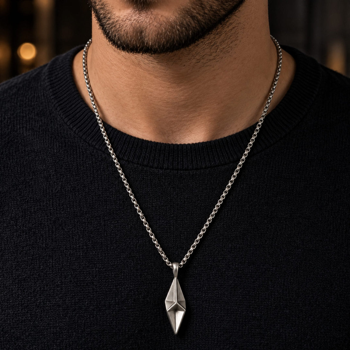 THE MEN THING SS Pendant/ Necklace AUREL PRISM - 12mm Titanium Steel Pendant with 23inch Round Box 4mm Chain for Men & Boys